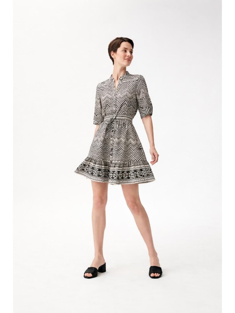 Leo & Ugo Black Ivory Tribal Geometric Engineered Print Shirt Dress